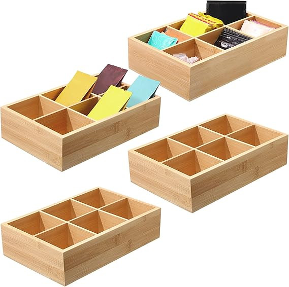 4 Pcs Bamboo Divided Storage Organizer Bamboo Container with 6 Compartments Wood Food Storage Bin... | Amazon (US)
