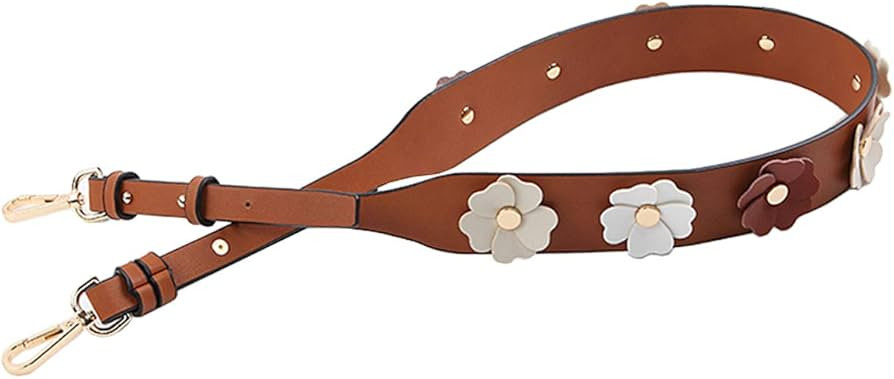 Wide Flower Applique PU Leather Handbags Strap Shoulder Bag Straps Crossbody Purse Belt (Brown) | Amazon (US)