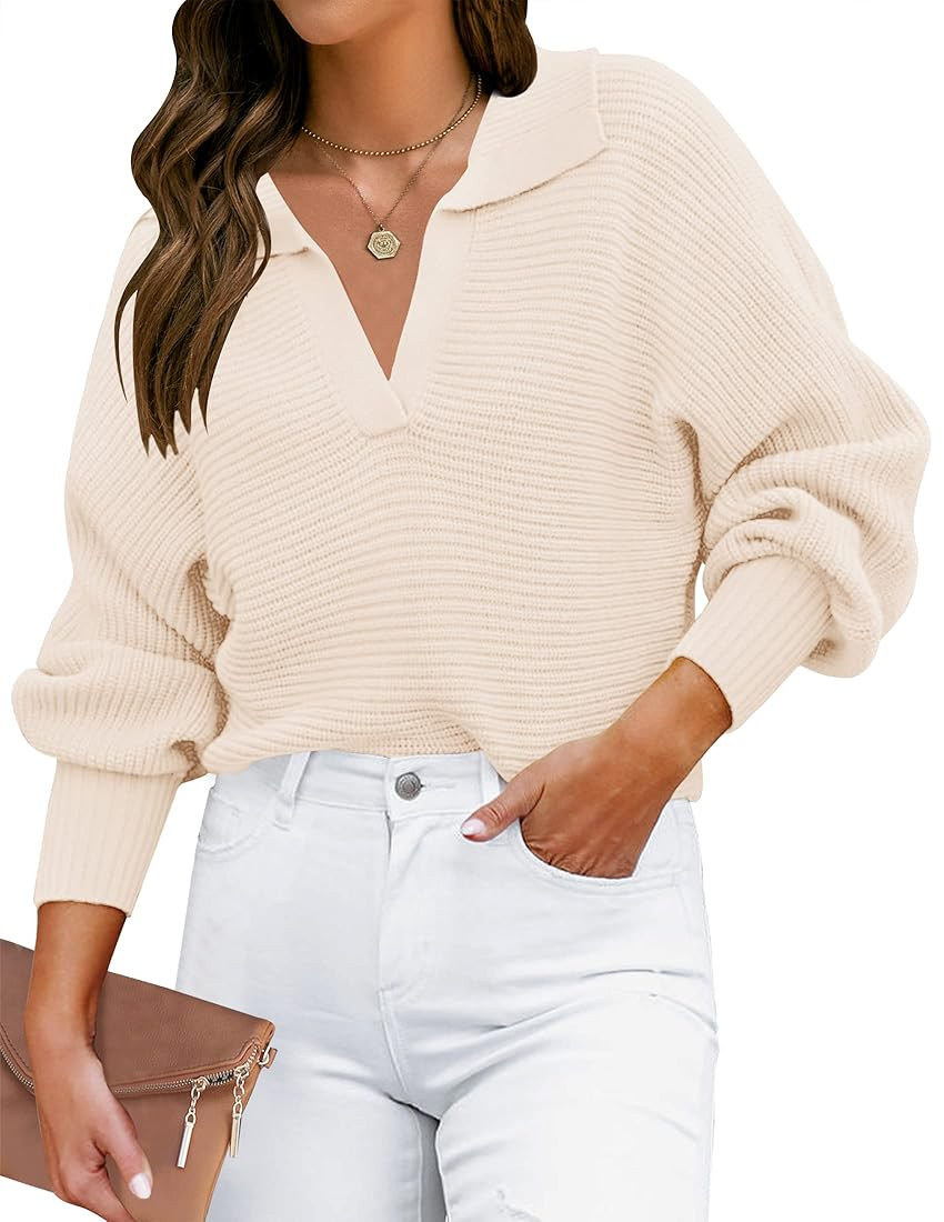 Women's 2023 Fall Lapel Collar V Neck Long Sleeve Ribbed Knit Comfy Loose Casual Pullover Sweater... | Amazon (US)