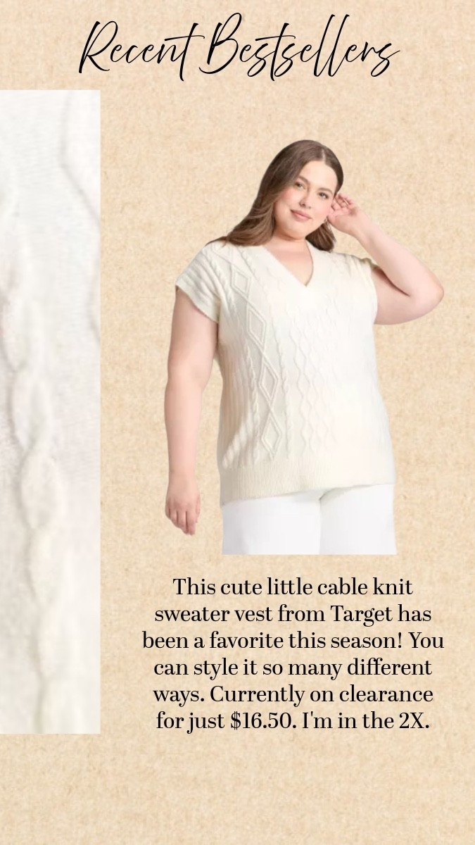 This cute little cable knit sweater vest from Target has been a favorite this season! You can style it so many different ways. Currently on clearance for just $16.50. I'm in the 2X.

#LTKSaleAlert #LTKFindsUnder50 #LTKPlusSize
