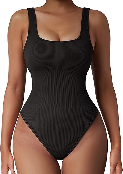 SUUKSESS Women Ribbed Sexy Bodysuit Sleeveless Square Neck Padded Tank Top | Amazon (US)