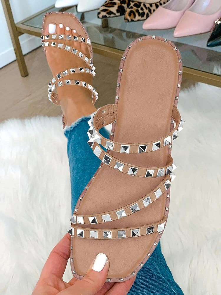JeimPoey Womens Studded Flat Sandals Open Square Toe Rivets Strappy Slip on Slides Sandal | Amazon (US)