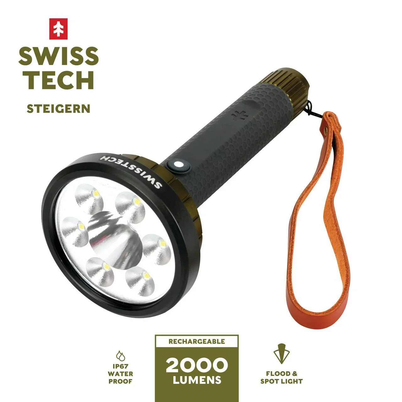 Swiss Tech Steigern 2000 Lumen LED Rechargeable Flashlight, IPX7 Waterproof, Digital Focusing | Walmart (US)