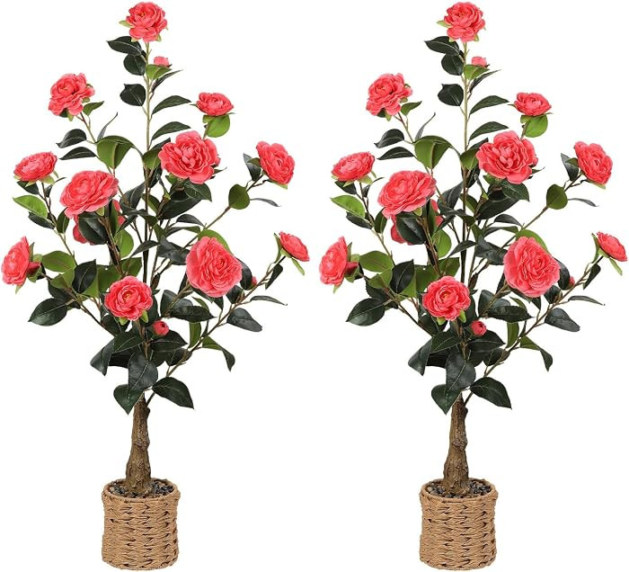 2Pack Artificial Camellia Tree, 3Ft Faux Pink Camellia Plant in Pot, Fake Outdoor Tree Camellia F... | Amazon (US)