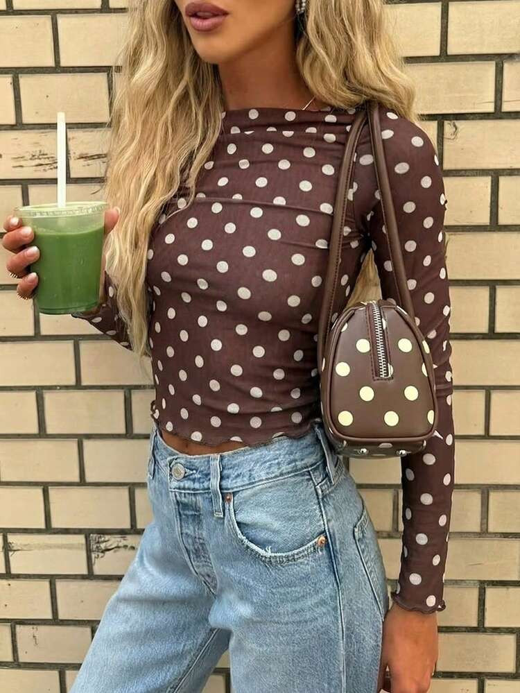 New Stylish & Elegant Polka Dot Knit Sweater Top, Suitable For School, Casual, Date, Street, Airport, Music Festival Wear, All Seasons | SHEIN