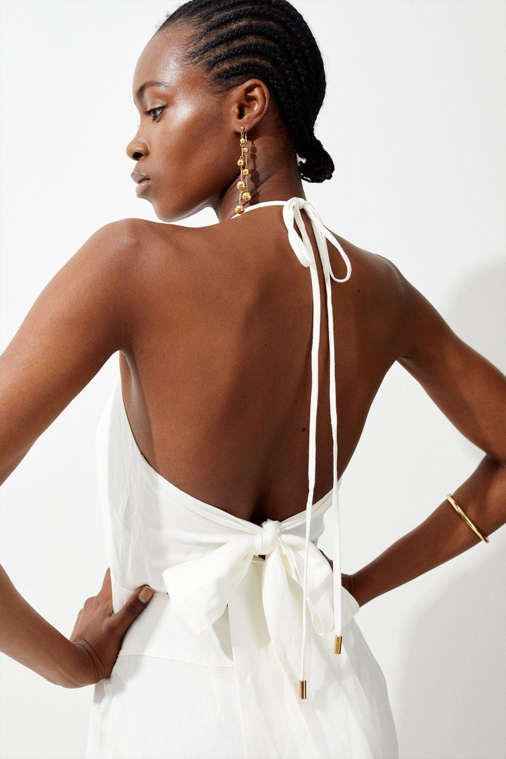 Linen Viscose Halterneck Maxi Dress | Karen Millen UK + IE + DE + NL