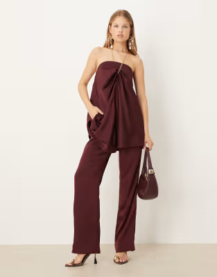 ASOS DESIGN tailored straight leg satin pants in plum - part of a set | ASOS (Global)