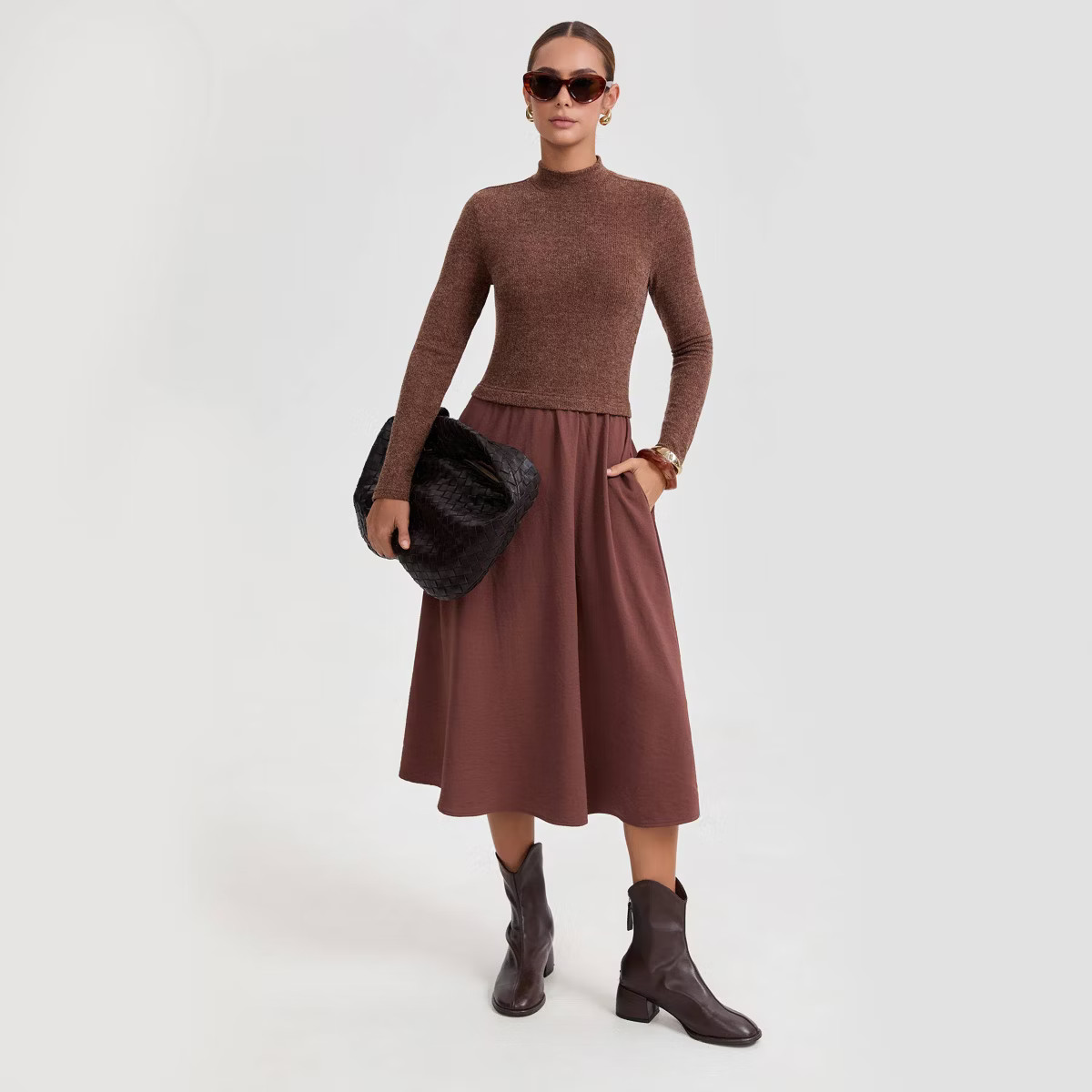 Women's Long Sleeve Twofer Midi A-Line Dress - A New Day™ Brown | Target