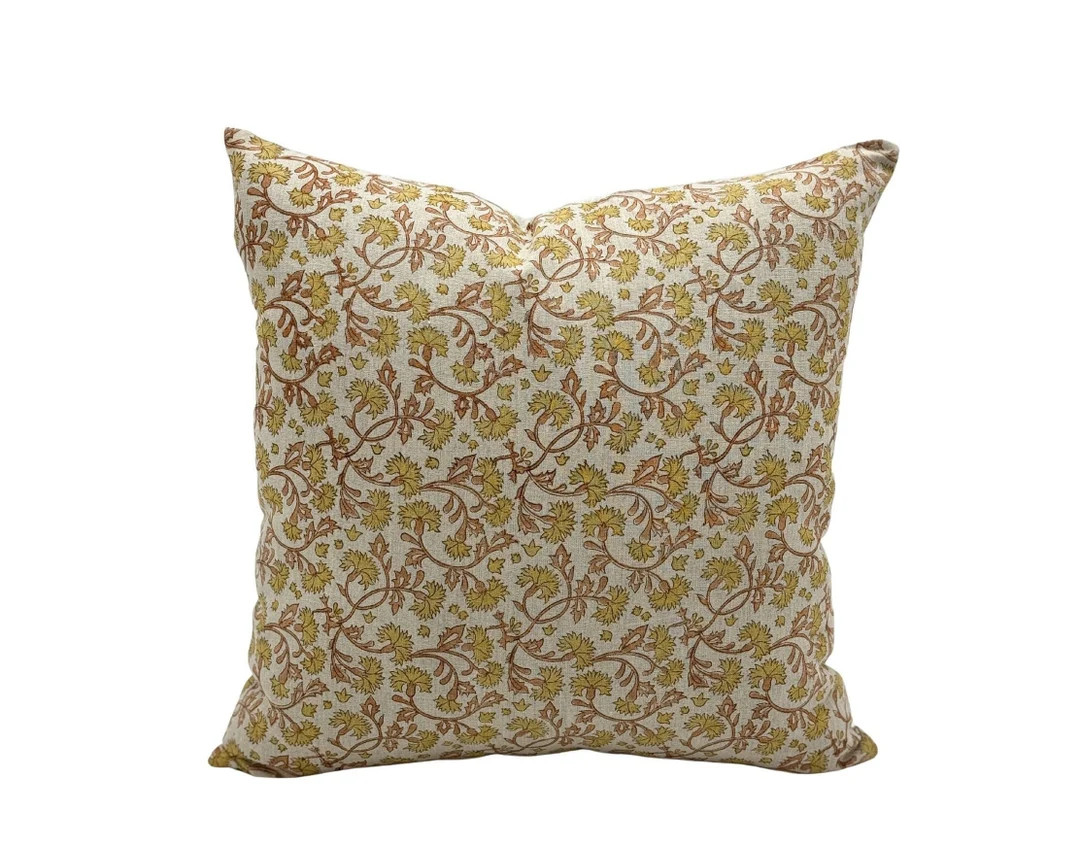 Designer Rust With Yellow on Natural Linen Pillow Cover, Floral Pillow Cover, Boho Pillow, Farmho... | Etsy (US)