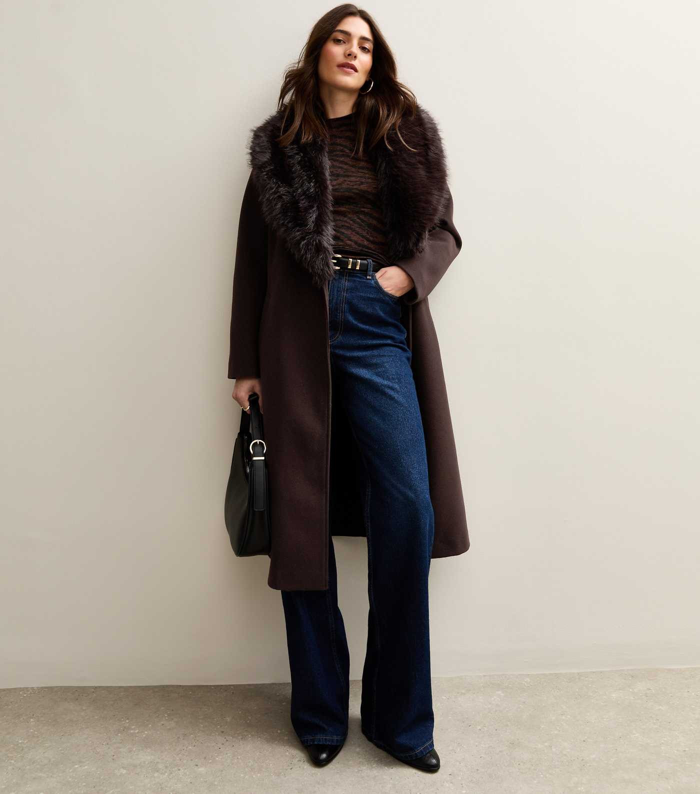 Brown Faux Fur Collar Belted Coat | New Look | New Look (UK)