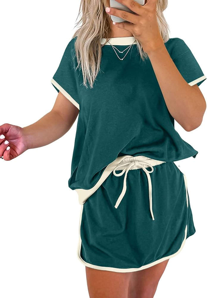 SELINK Lounge Sets for Women 2 Piece Skirt Colorblock Drop Shoulder T Shirt and Skort Set Summer ... | Amazon (US)