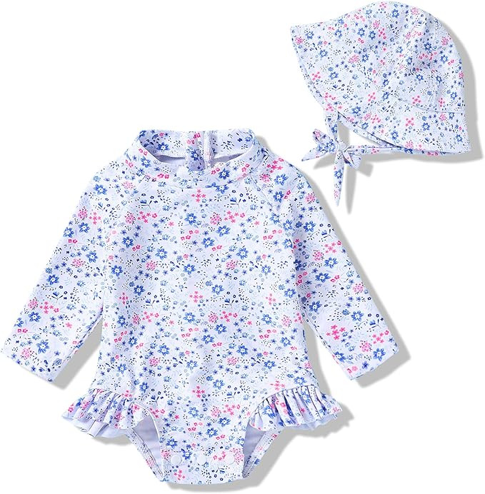 Infant Baby Girl Swimsuit One-Piece Long Sleeve Rash Guard with Hat Set Floral Zipper Bathing Sui... | Amazon (US)