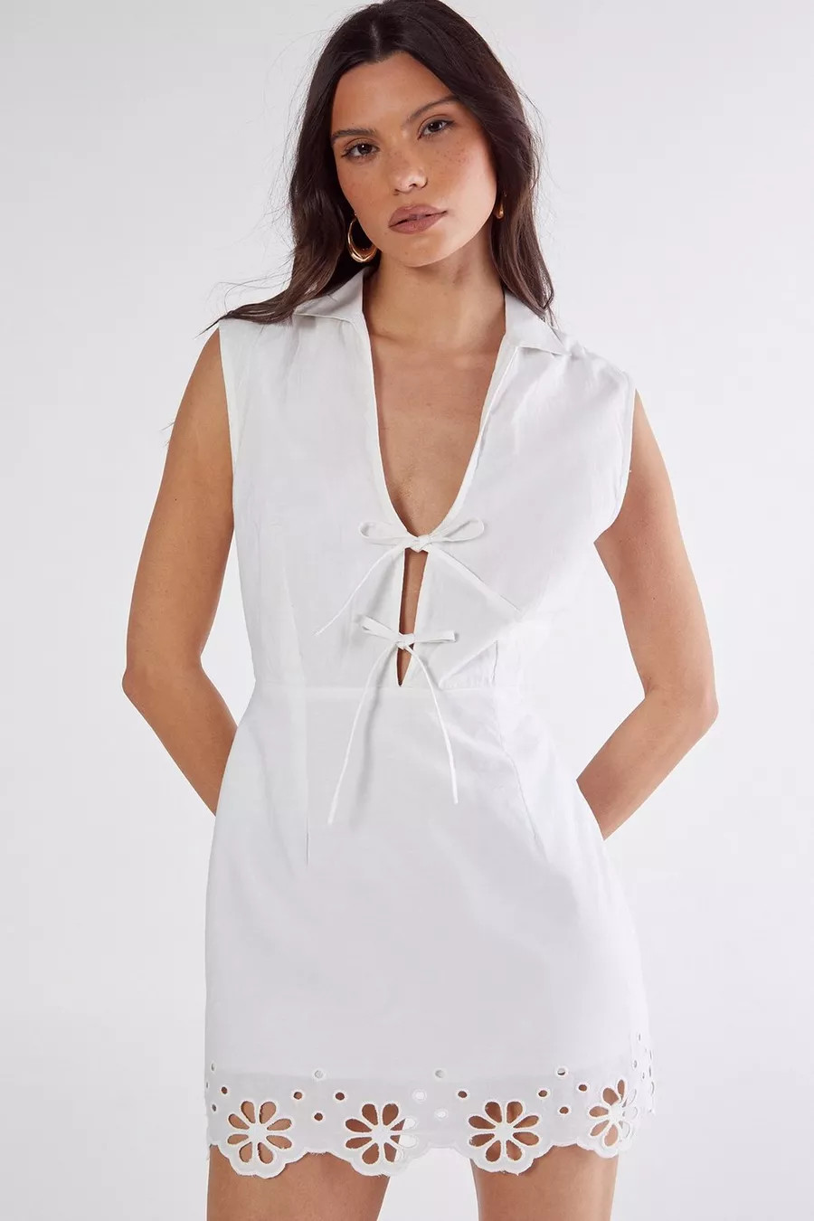Cotton Collared Tie Front Floral Cutwork Mini Dress | Nasty Gal US