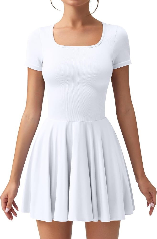 OQQ Women's Square Neck Ruffle Hem Mini Dress Summer Short Sleeve with Shorts Party Dresses | Amazon (US)