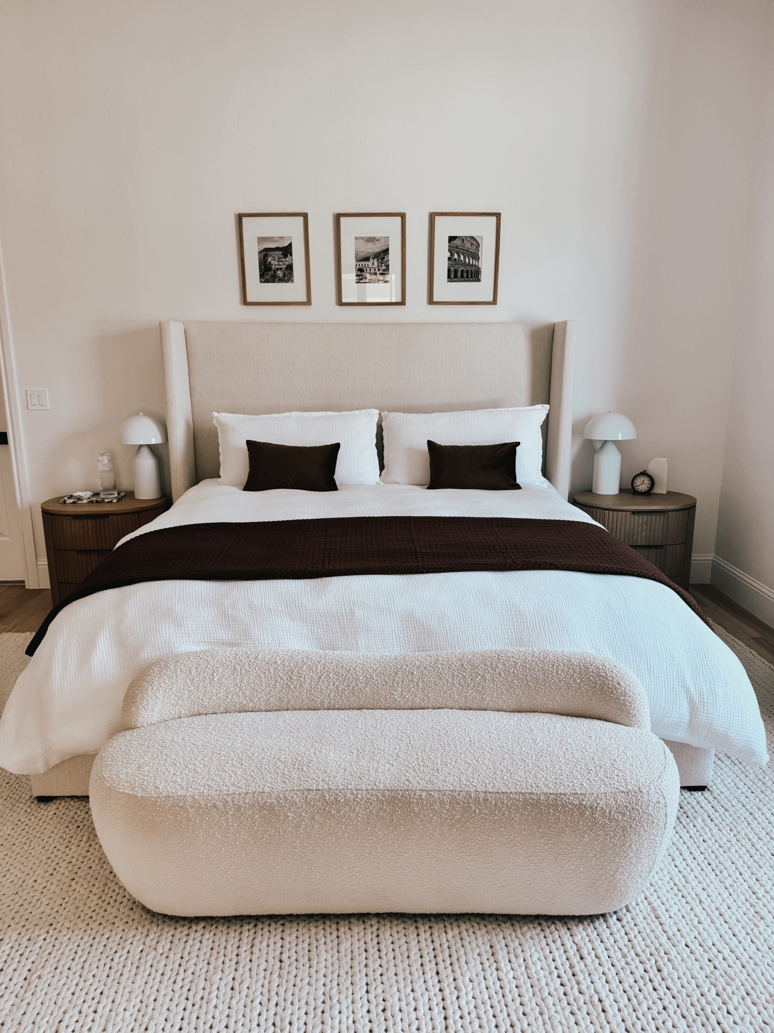 Primary Bedroom Furniture. Loving how this large textured area rug with the soft bedding all came together to make a cozy space 

#LTKHome