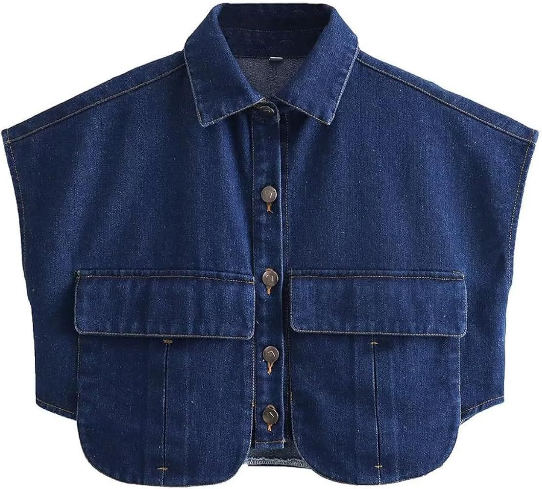 Womens Cropped Button Down Shirt Summer Collared Sleeveless Loose Denim Tops with Pockets | Amazon (US)