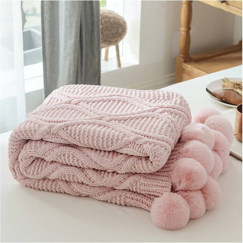 UNTULA Blanket Soft Blanket Chic Knitted Blanket with Balls Chenille Crochet Warm Bedspread Pink Thr | Amazon (US)