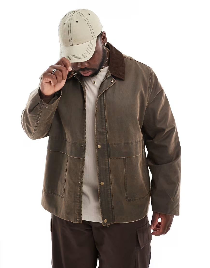 ASOS DESIGN oversized washed harrington jacket with corduroy collar in brown | ASOS (Global)