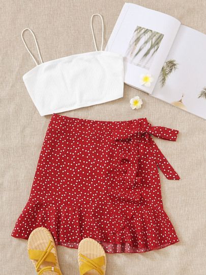 Crop Cami Top & Heart Print Ruffle Trim Wrap Tie Side Skirt Set
   
    SKU: swtwop07200402377
  ... | ROMWE
