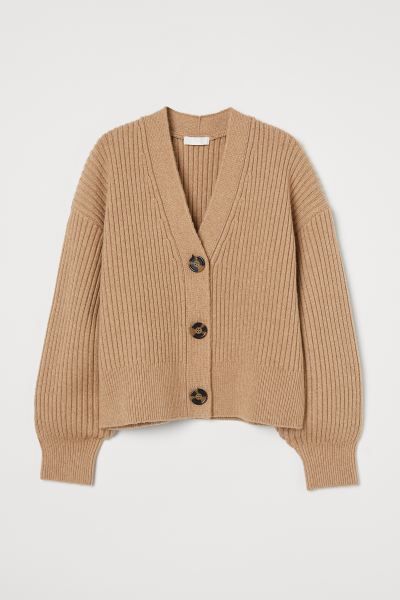 Boxy, long-sleeved cardigan in soft, rib-knit fabric with wool content. V-neck, buttons at front,... | H&M (US + CA)