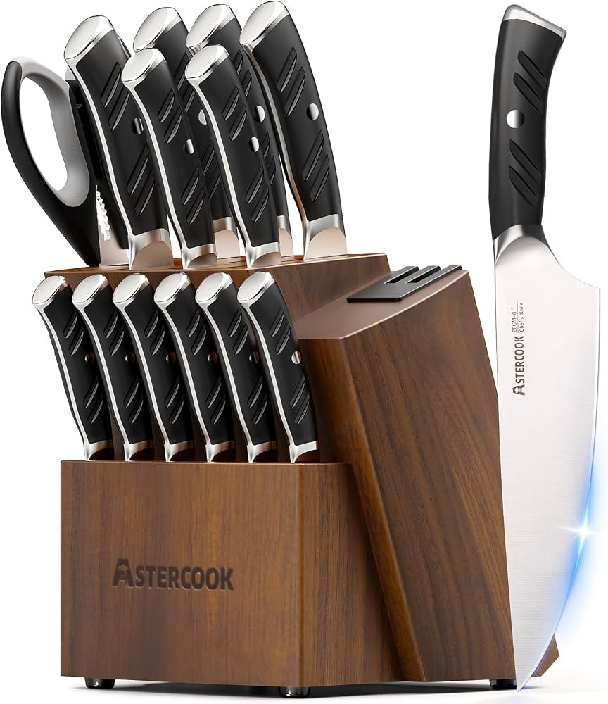 Astercook Knife Set, Kitchen Knives Set with Block and Dual Sharpener Full Tang 15 Pcs German Sta... | Amazon (US)