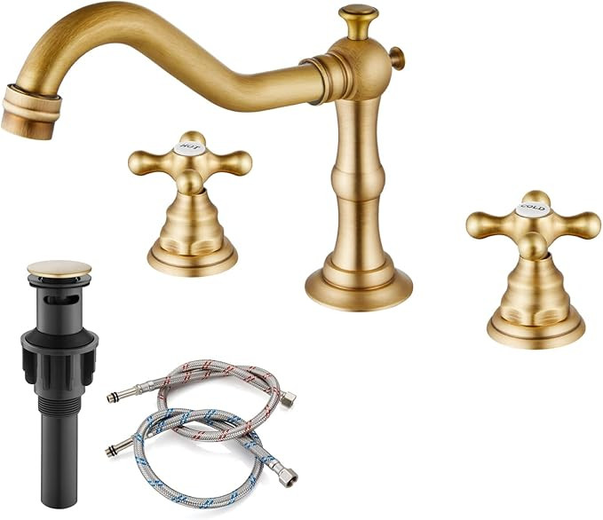 Bathroom Sink Faucet Widespread Double Cross Knobs Antique Brass 3 Hole Mixing Tap Deck Mount wit... | Amazon (US)