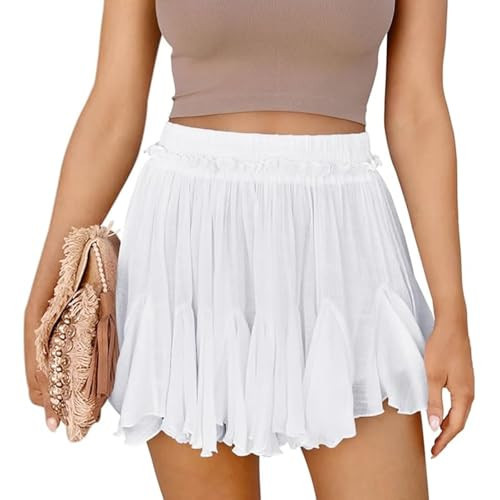 Flowy Linen Short Boho Beach Ruffle Mini Skirts Pleated High Waist Cute Butterfly Skorts with Pockets for Women Summer Trendy White | Amazon (US)