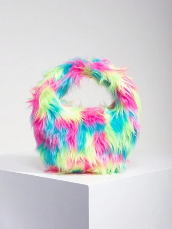 Fuzzy, zachte, pluche dopamine-stijl contrasterende kleur pluizige zachte snoepkleurige handtasse... | SHEIN