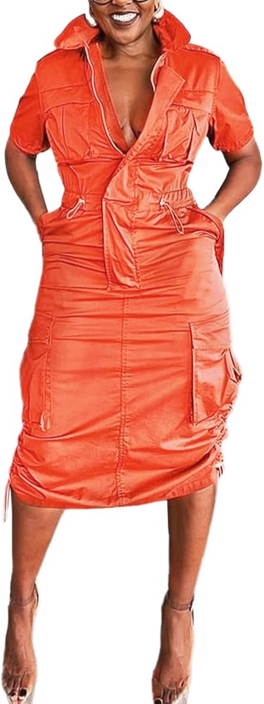 LROSEY Women Y2k Cargo Dress with Pockets Casual Short Sleeve Zip Up Ruched Drawstring Midi Utili... | Amazon (US)