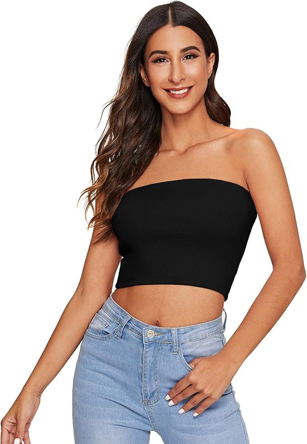 SheIn Women's Casual Summer Solid Knit Strapless Basic Crop Bandeau Tube Top | Amazon (US)