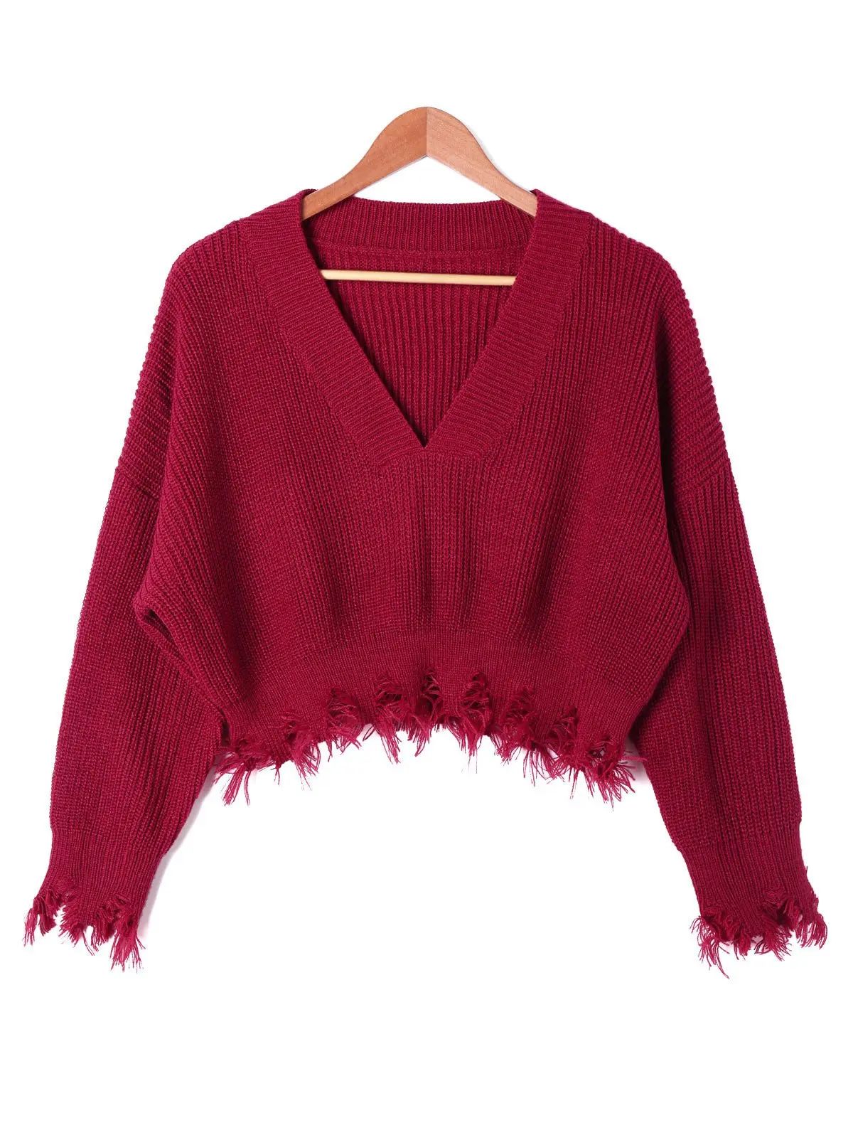 V Neck Distressed Sweater | Rosegal US