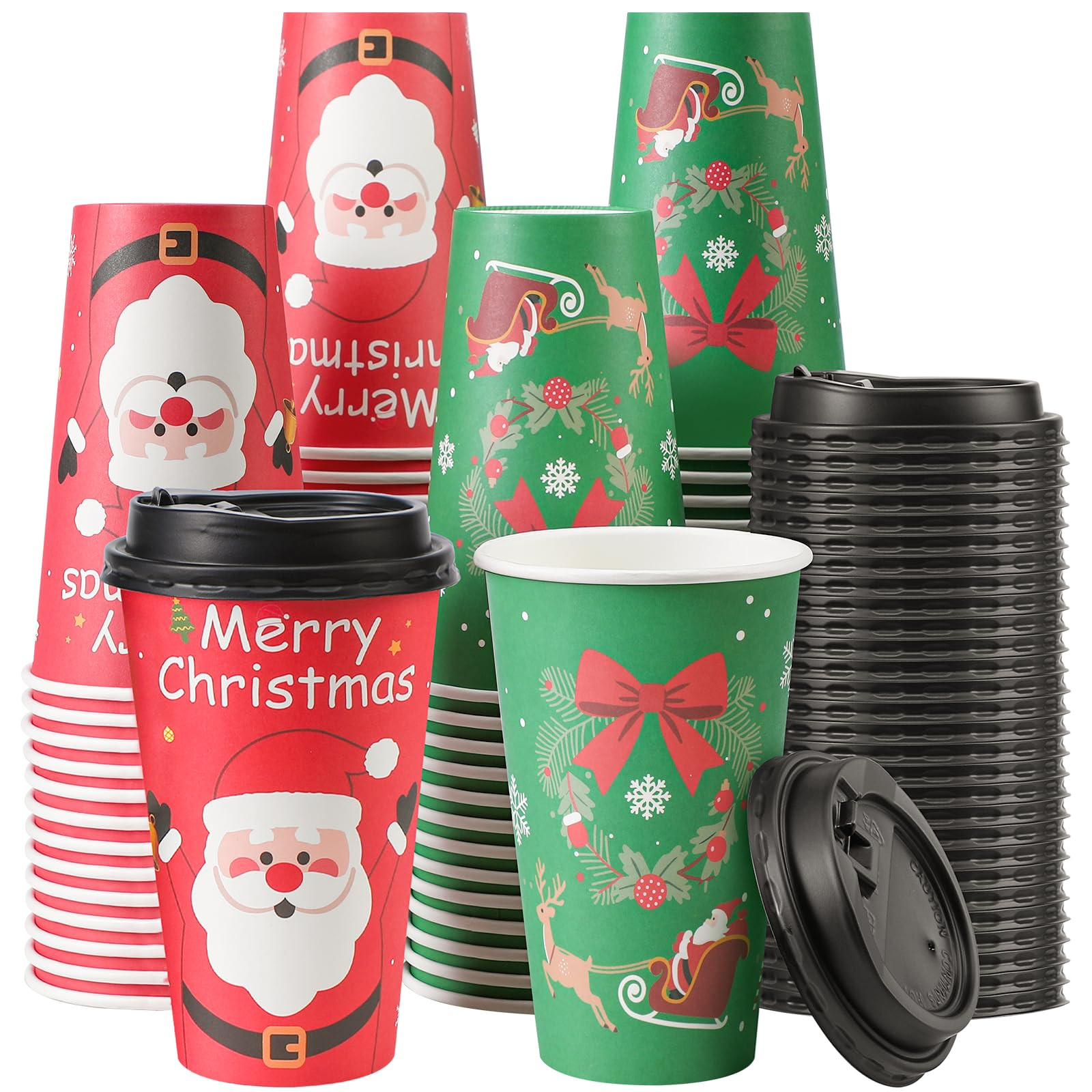 Lamosi Christmas Cups, 100 Pack 16 oz Christmas Disposable Coffee Cups with Lids, To Go Coffee Cu... | Amazon (US)