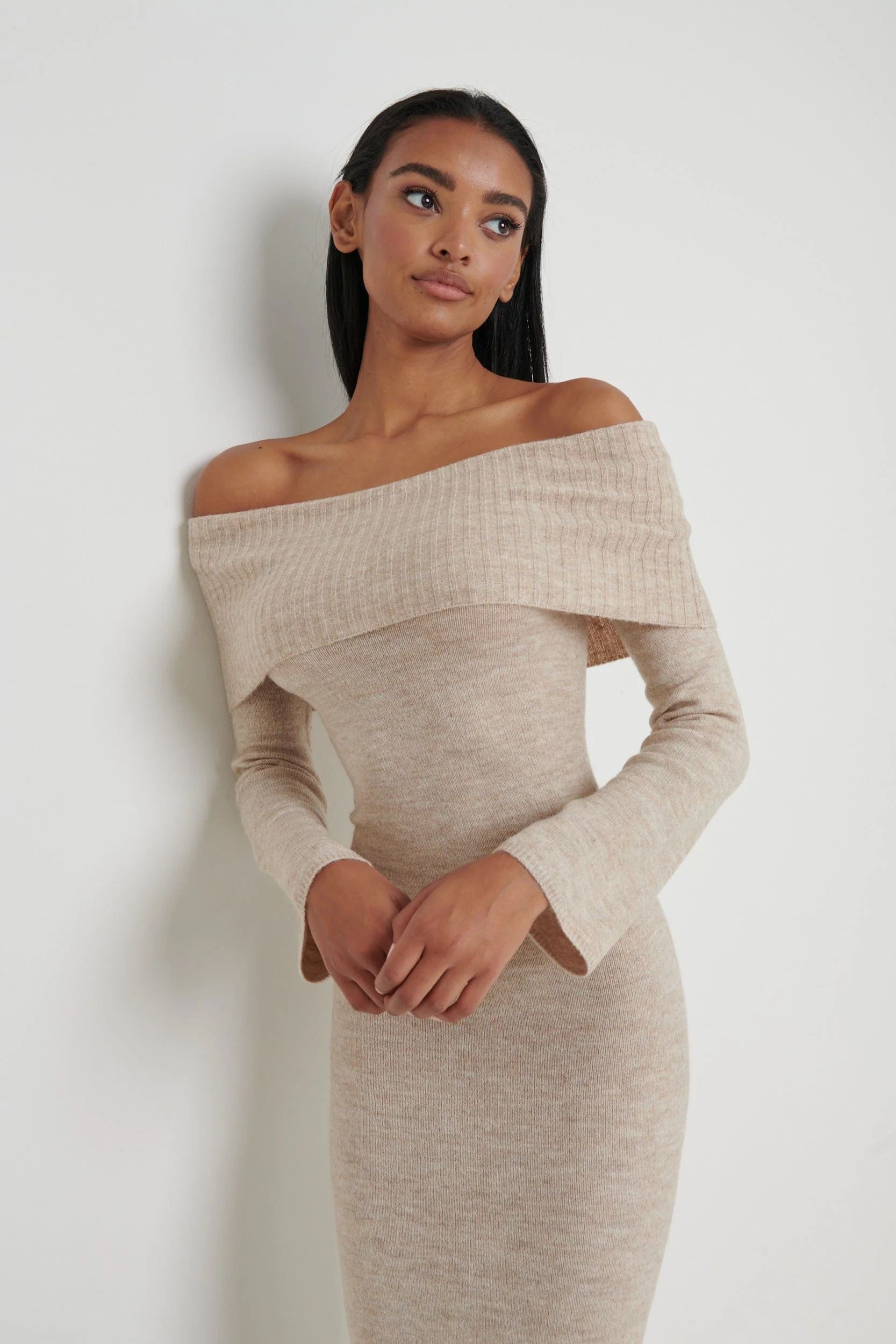 Soreya Bardot Soft Knit Dress - Beige Marl | Pretty Lavish (UK)