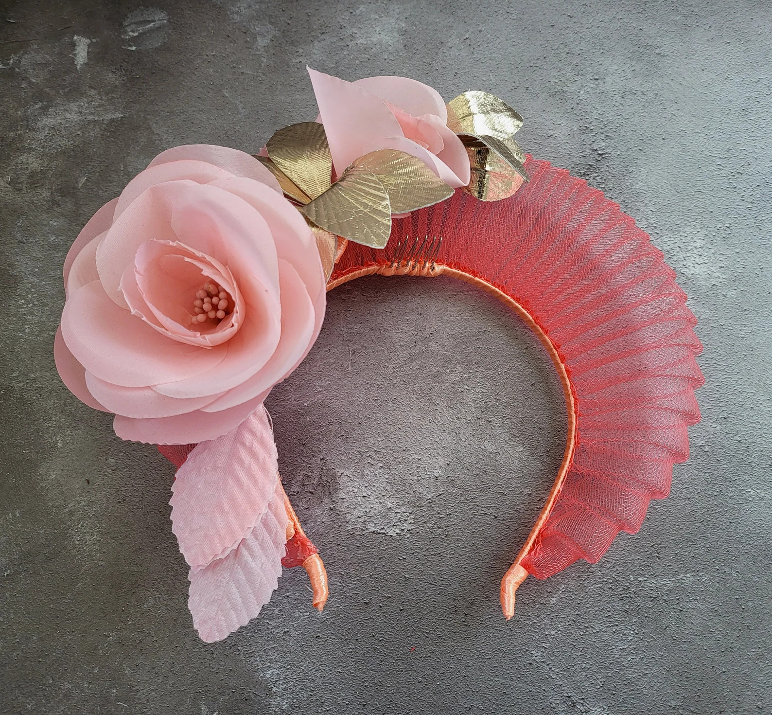 Coral Orange Fascinator Headband, Peachy Pink Silk Rose Flower Gold Leaf, Halo Crown Headpiece, -... | Etsy (US)