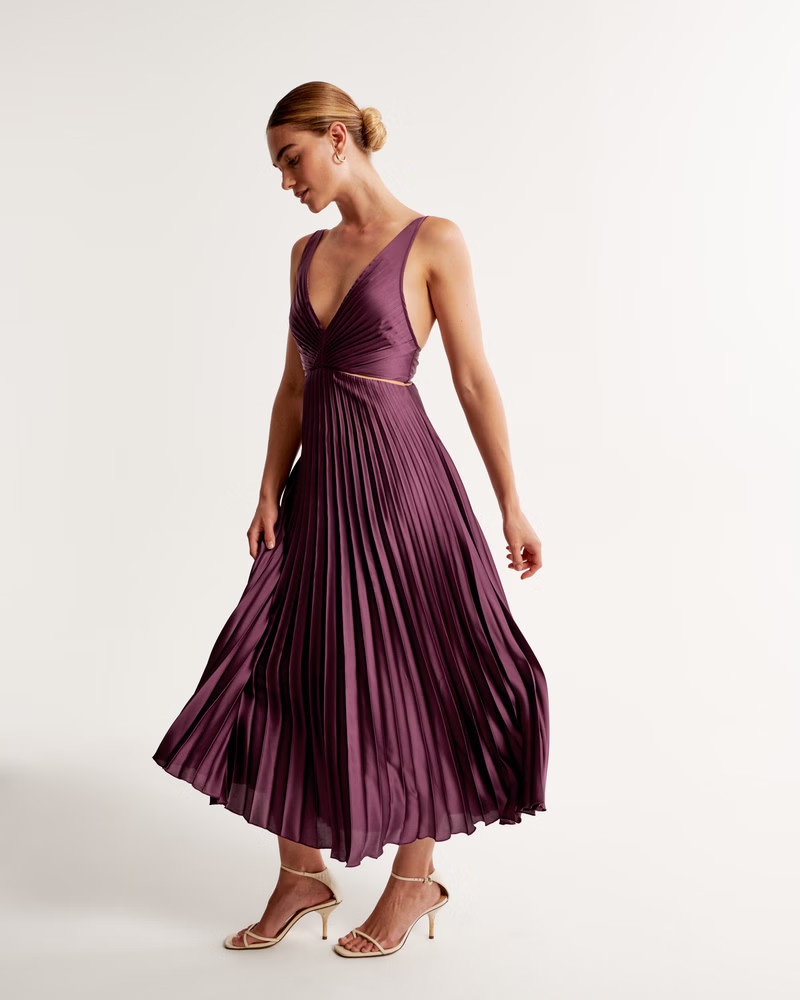 Satin Pleated Cutout Maxi Dress | Abercrombie & Fitch (UK)