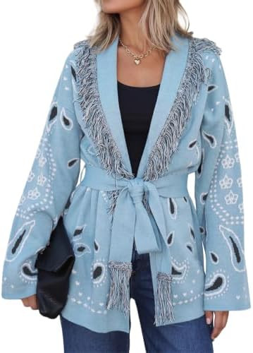 Cicy Bell Womens Fringe Cardigan Printed Long Sleeve V Neck Belt Sweaters | Open Front, Boho Swea... | Amazon (US)