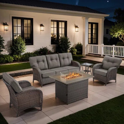 Harbor 5-Piece Outdoor Wicker Patio Furniture Sofa Set With 55,000 BTU Fire Pit Table, Thick Cushions | Wayfair North America