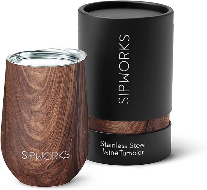 Sipworks Stainless Steel Wine Tumbler: Double-Wall Vacuum Insulated Stemless Wine Glass with Lid,... | Amazon (US)