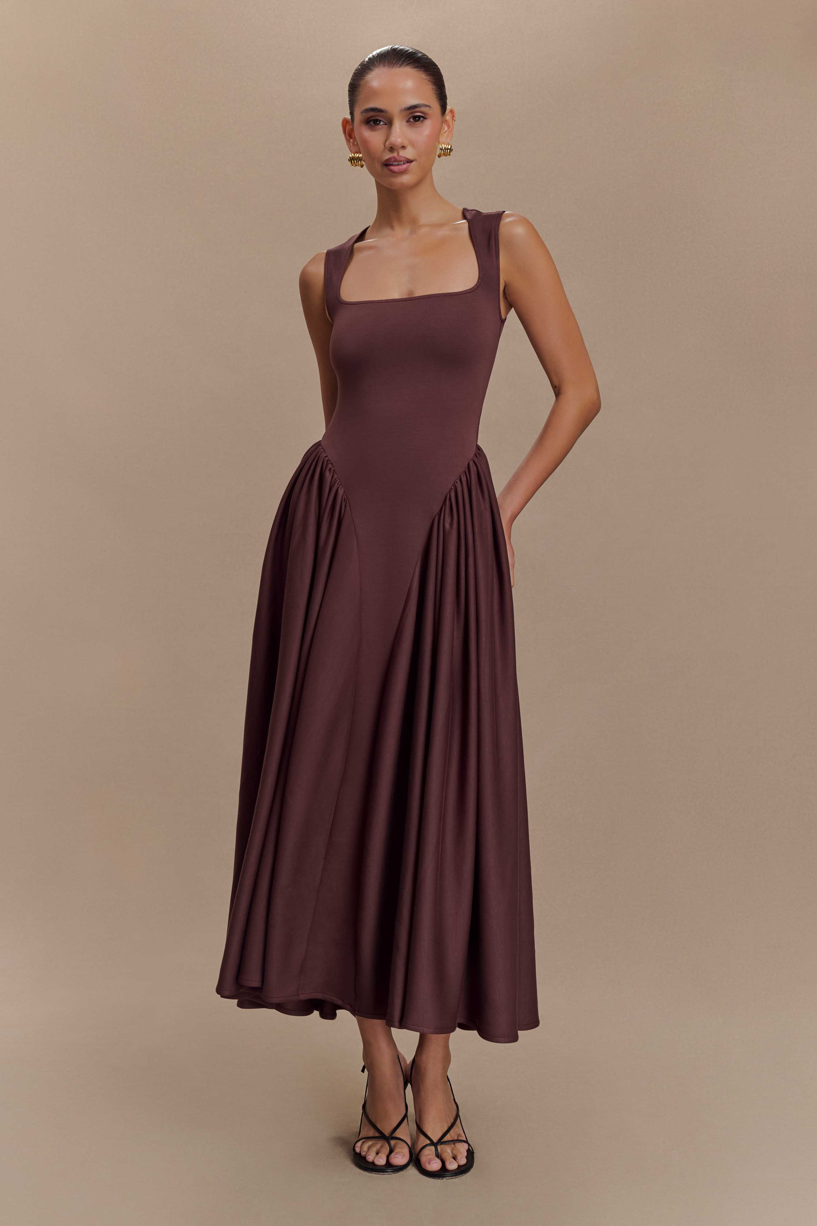 Sharon Scuba Jersey Midi Dress - Cacao Brown | Meshki UK