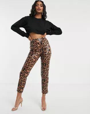 Missguided cropped leather look pants in brown leopard | ASOS US