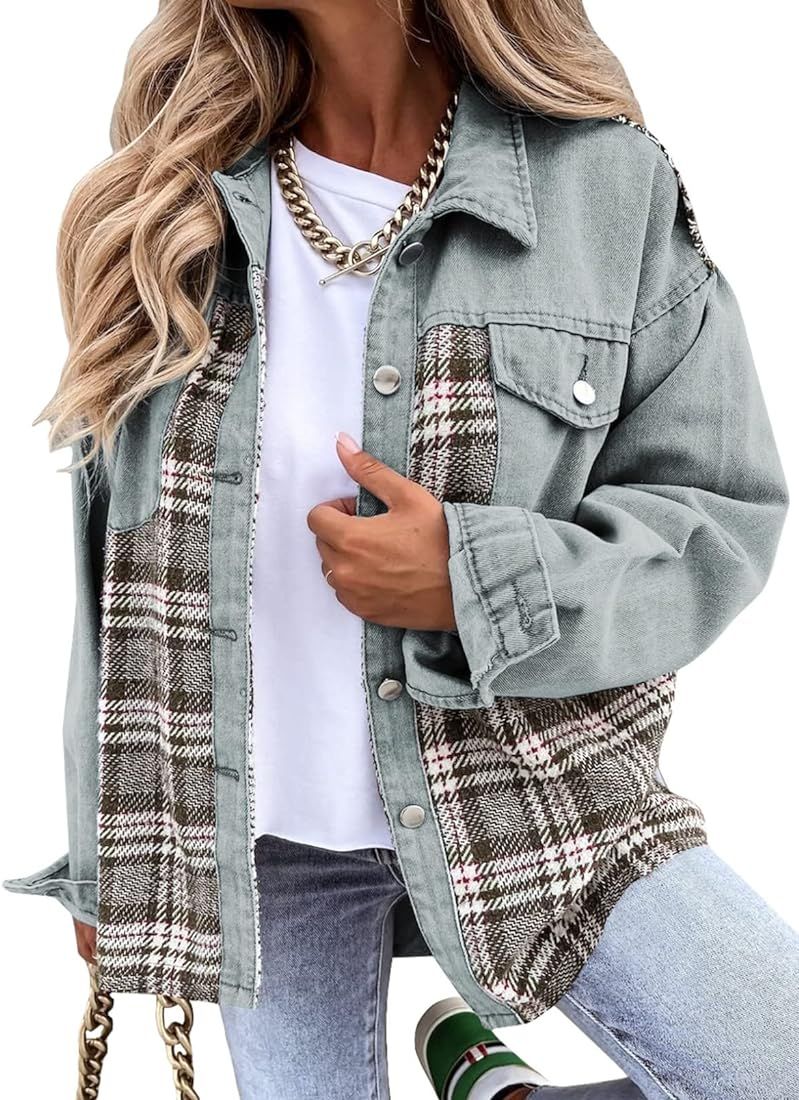 SHEWIN Women's Denim Jacket Long Sleeve Plaid Button Down Shacket Jacket | Amazon (US)
