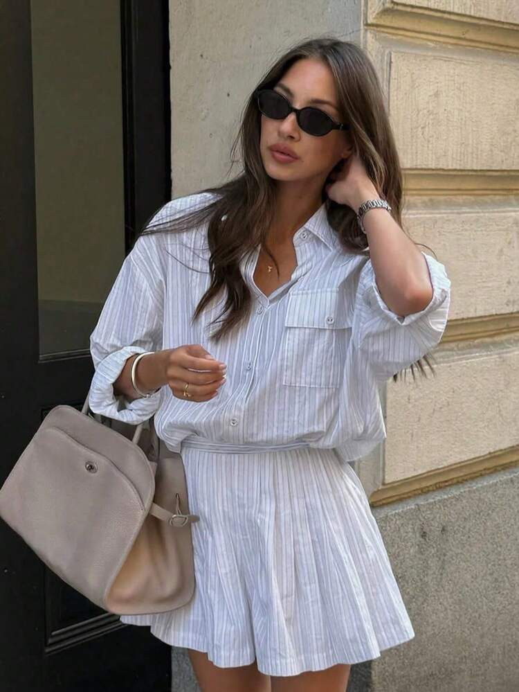 2pcs Women's Set: High Waist Pleated Shorts + Striped Long Sleeve Shirt, Versatile Casual Spring/Summer/Autumn Outfit, Suitable For Work, Hangout, Travel, Campus | SHEIN