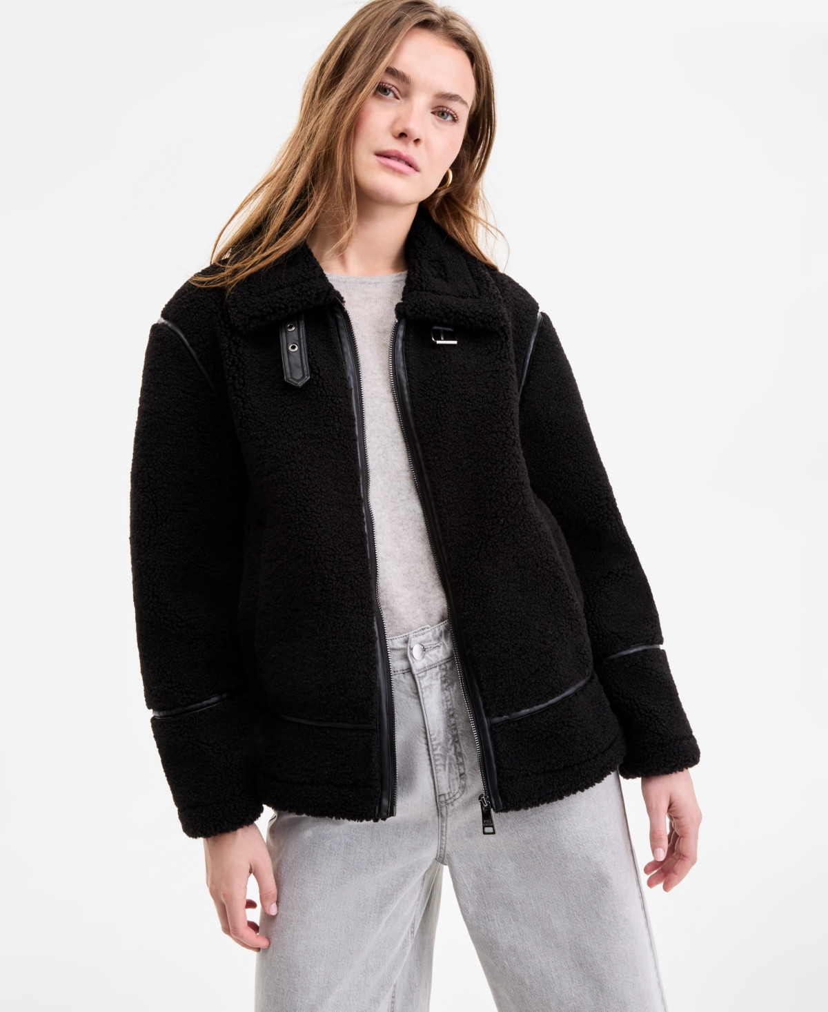 Steve Madden Women's Faux-Sherpa Faux-Leather-Trim Coat - Black | Macy's