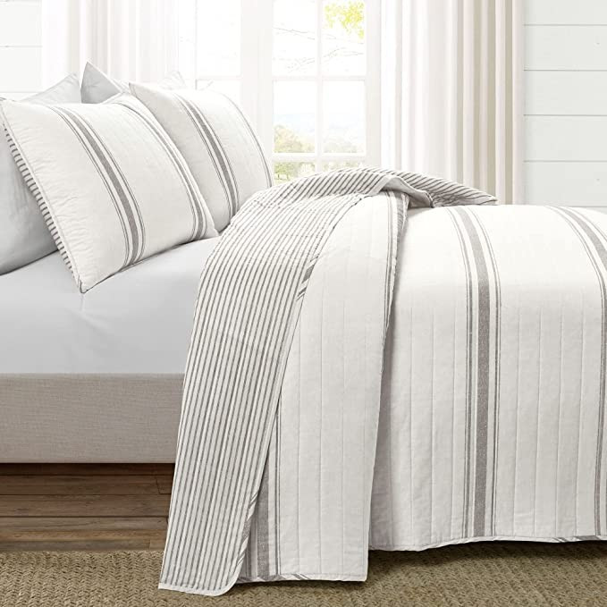 Lush Decor Farmhouse Stripe 3 Piece Quilt Set, King, Gray | Amazon (US)