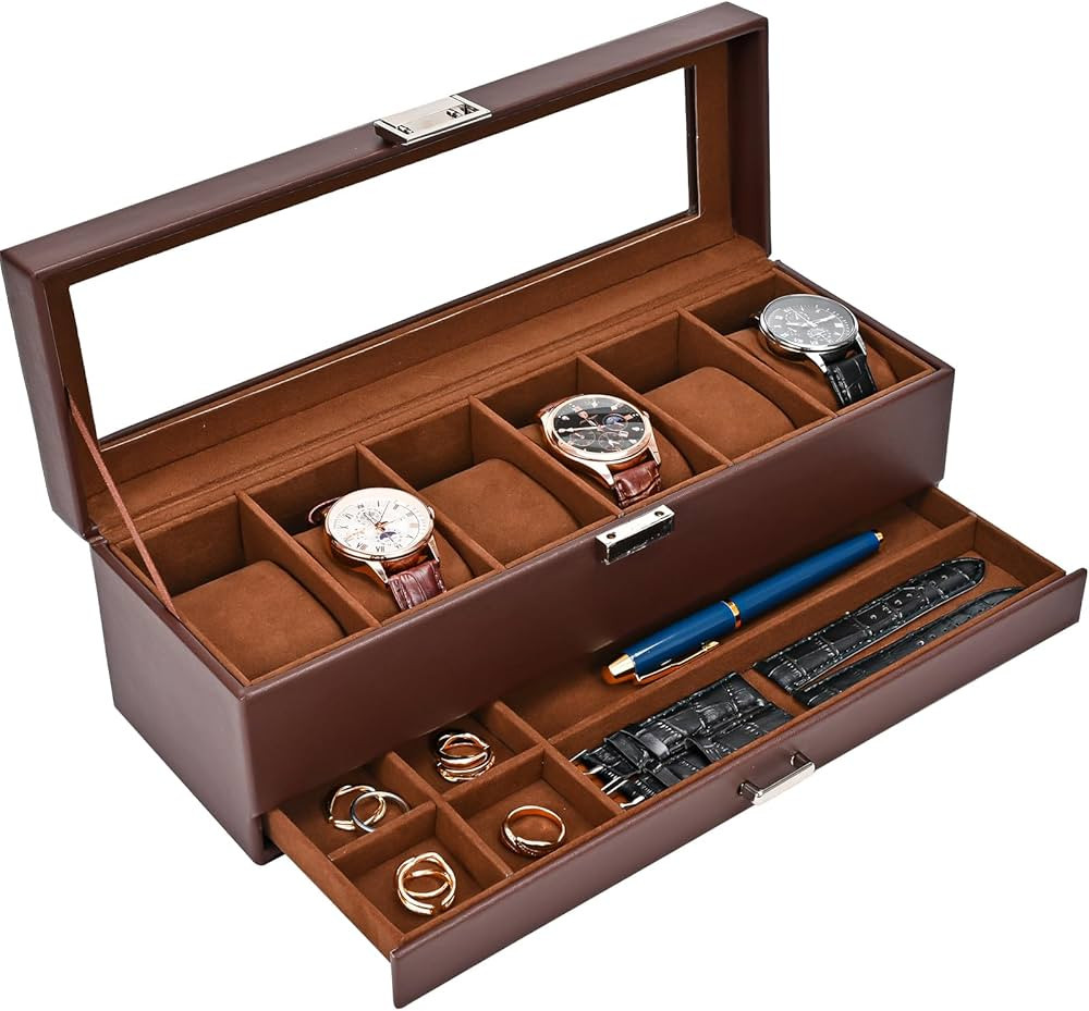 ProCase Watch Box for Men, 6 Slot Watch Display Case with Drawer, Mens Watch Case With Glass Lid,... | Amazon (US)