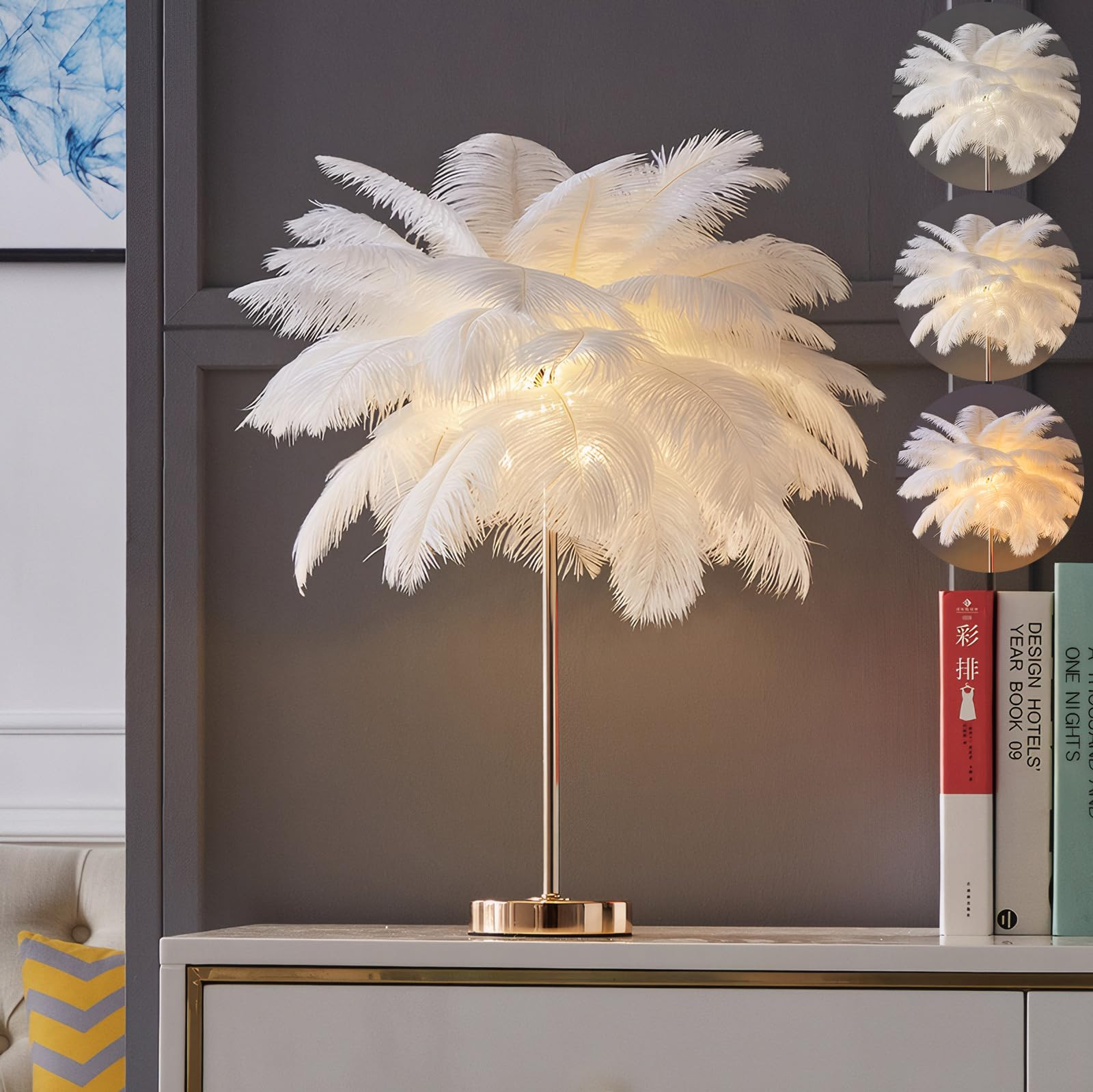 White Ostrich Feather Lamp,3-Color Temperatures Table Lamps for Girls Bedroom Funky Unique Cute B... | Amazon (US)