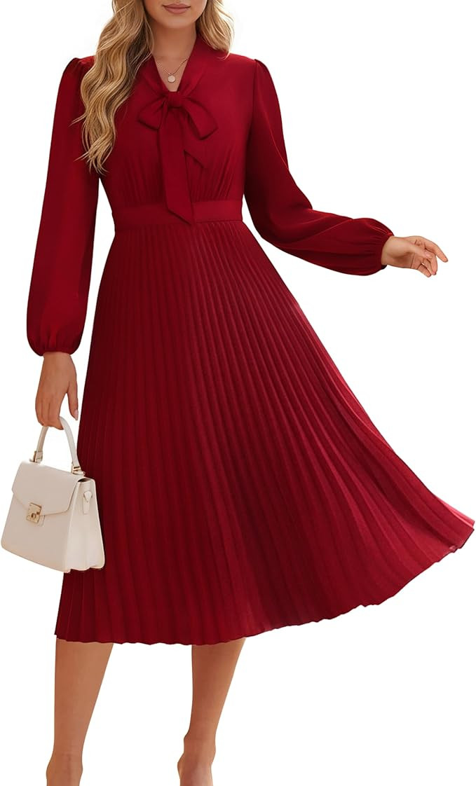GRACE KARIN Womens 2025 Fall Long Sleeve Dress, Casual V Neck Pleated A Line Flowy Midi Dresses | Amazon (US)
