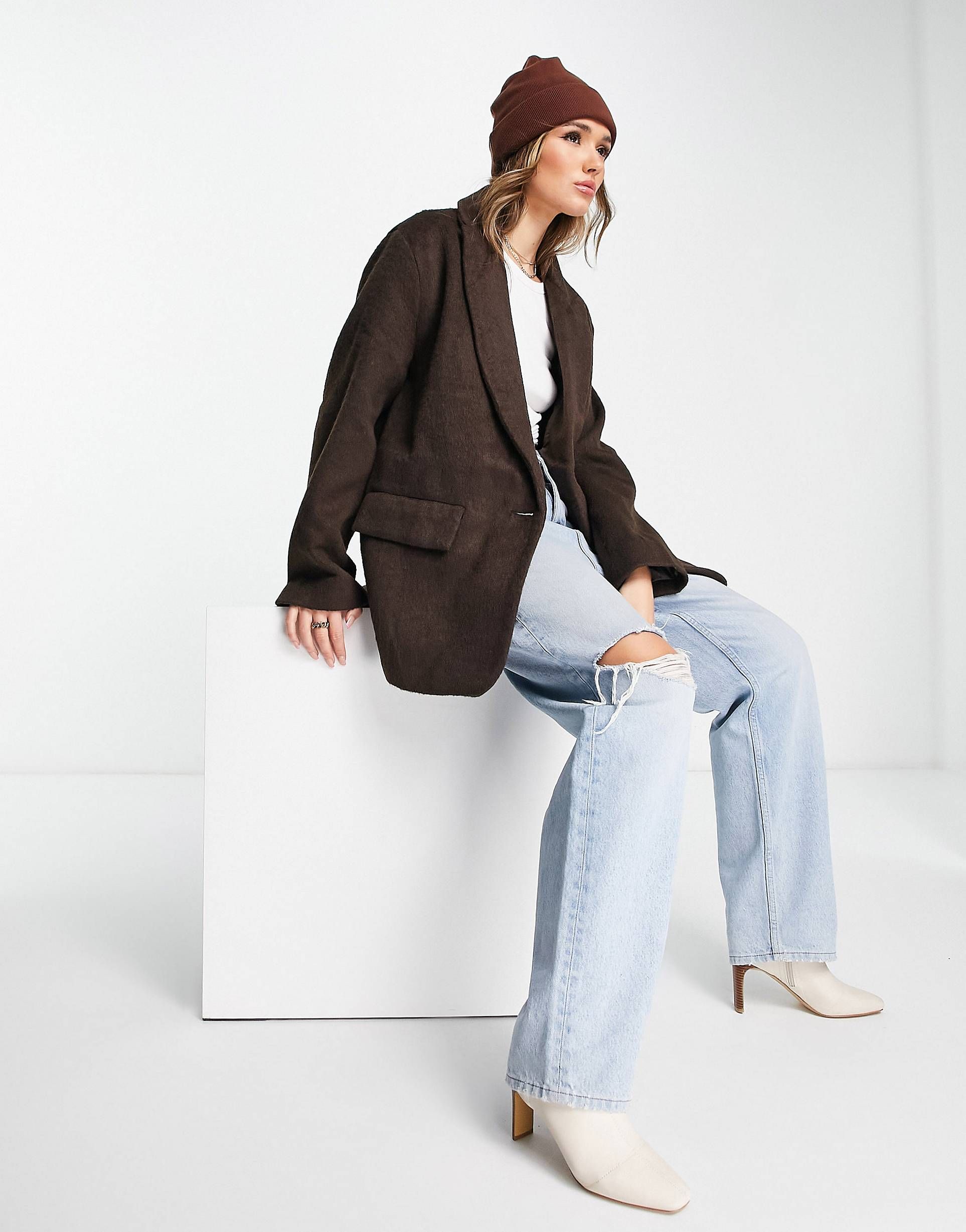 ASOS DESIGN smart oversized grandad wool mix blazer jacket in chocolate | ASOS (Global)