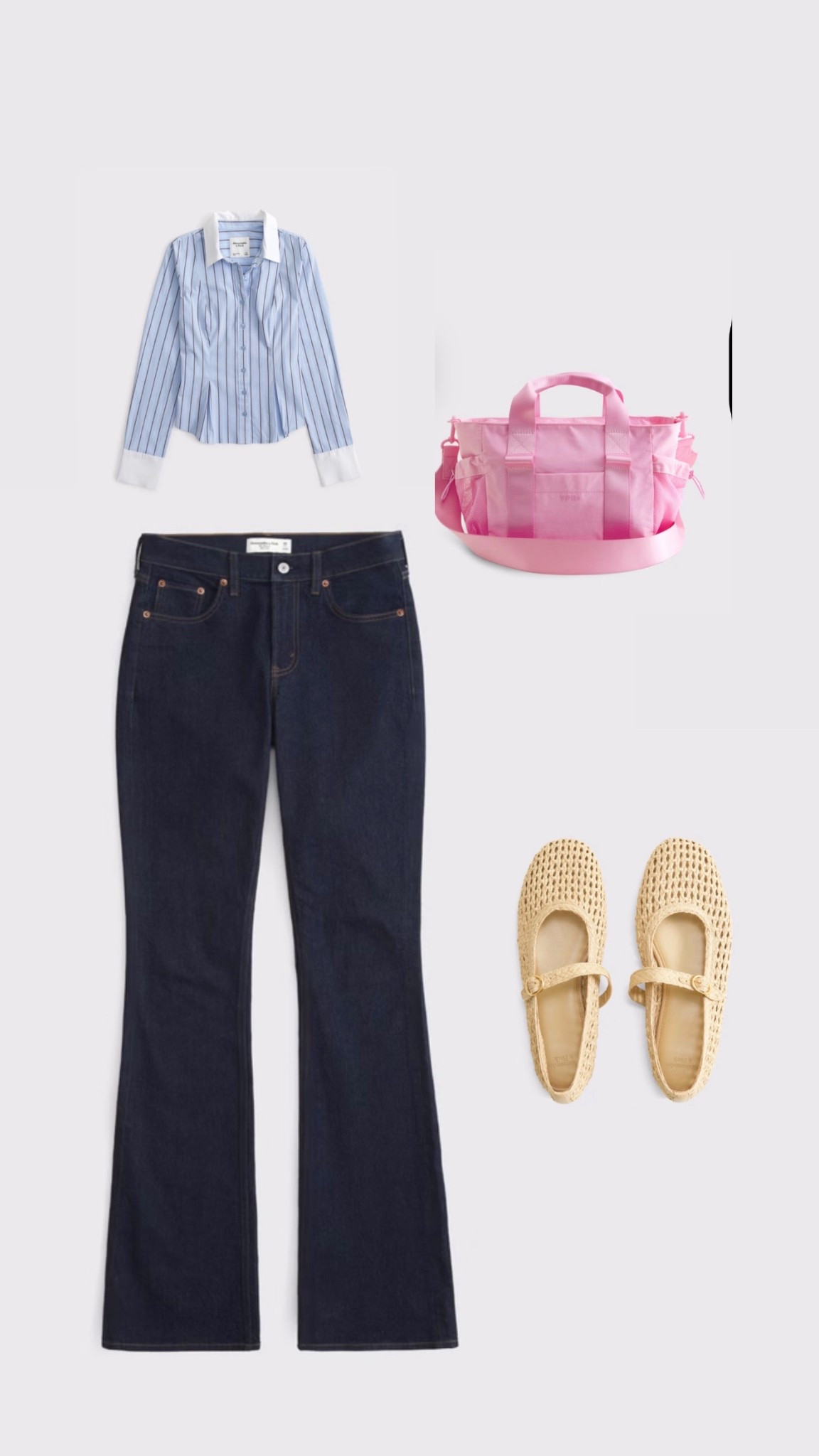 How to style Mid Rise Bootcut Jeans for spring: Pair the deep indigo denim with soft pastels like this fresh blue striped top and a playful pink bag for a cute, cheerful vibe. Add woven cream flats to keep the look light and breezy,perfect for the season’s sunny days! 💗 #SpringStyle #MidRiseBootcut #FreshColors #CasualChic #EffortlessSpring
@abercrombie 

#LTKXAbercrombieDenim #LTKspring #LTKjeans