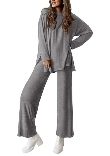 PRETTYGARDEN Women's Two Piece Lounge Sets Matching Long Sleeve Shirts Wide Leg Pants Tracksuits Travel Outfits Fall Clothes (Dark Grey,Large) | Amazon (US)
